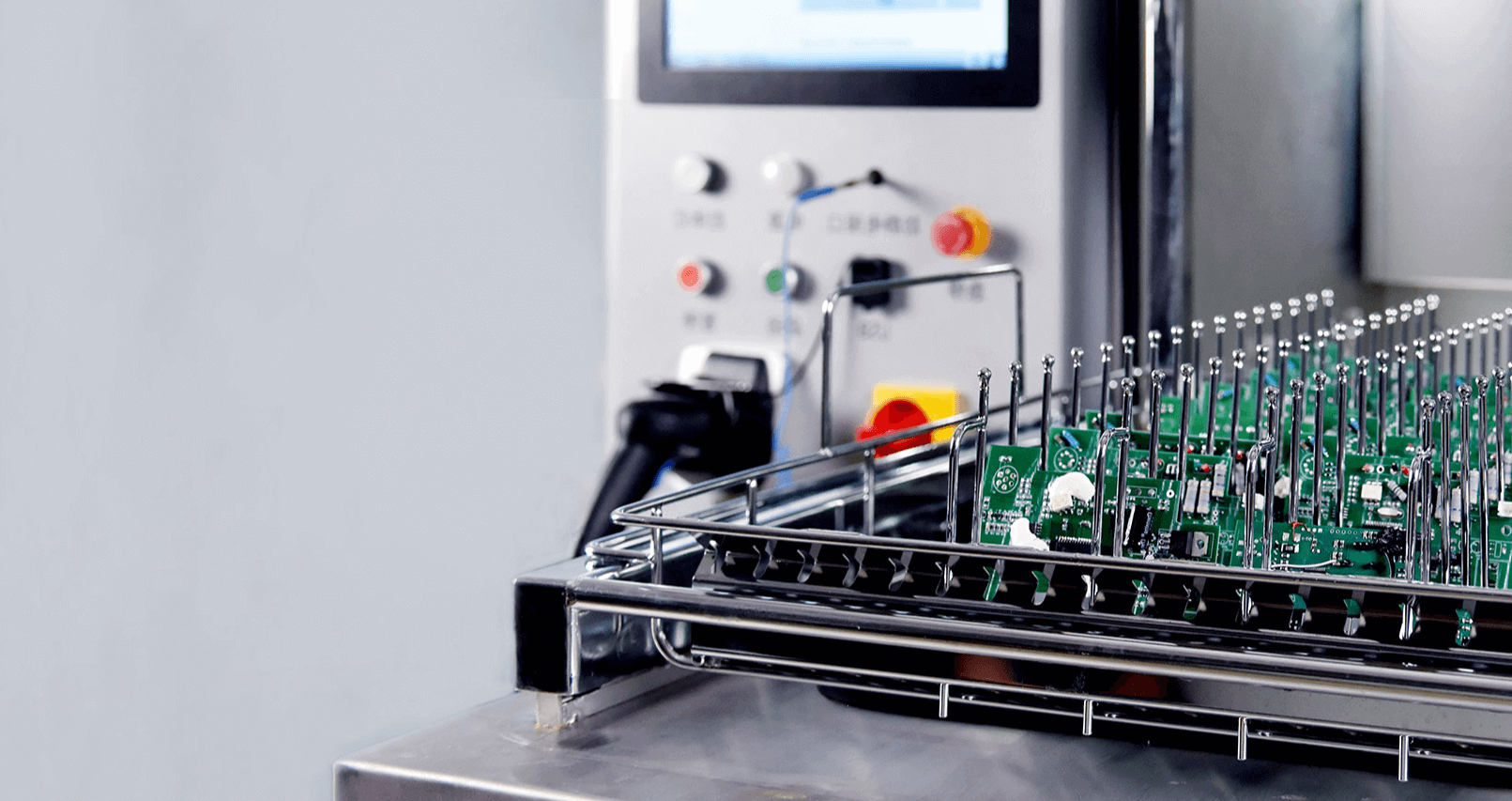 PCB assemblies in process rack for EMS and contract manufacturing environments