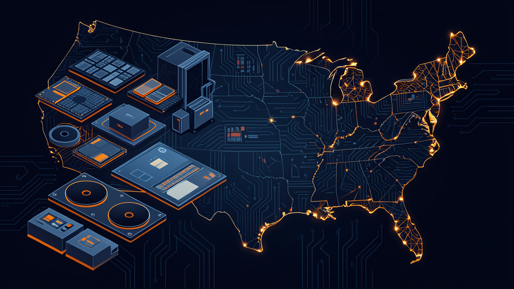 Abstract semiconductor wafers, advanced packaging substrates, and electronics manufacturing equipment representing U.S. semiconductor supply-chain investment.