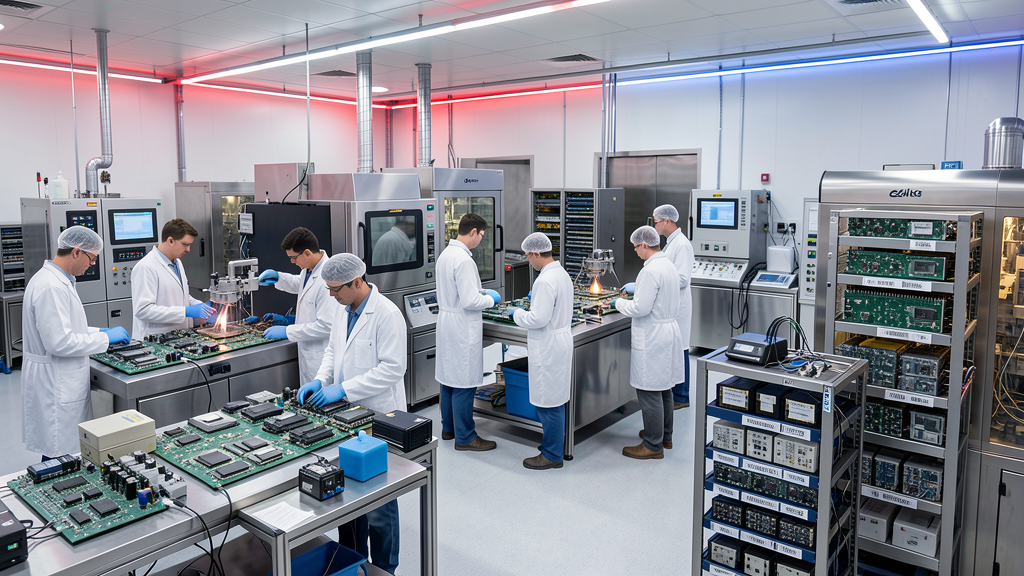 Engineers in a clean electronics manufacturing facility reviewing semiconductor, PCB assembly, wire bonding and precision cleaning processes