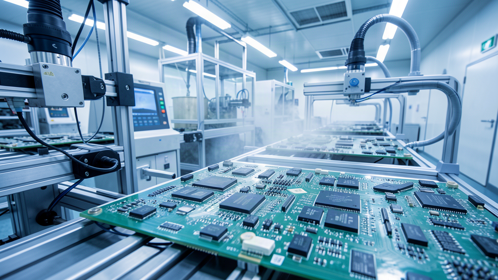 Semiconductor manufacturing cleanroom with precision PCB assembly equipment
