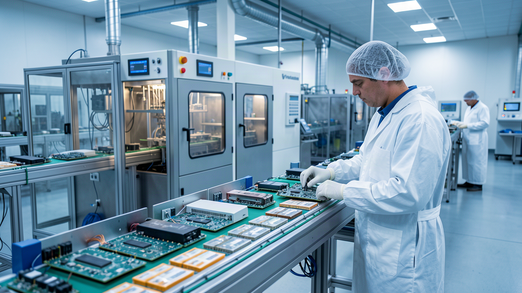 Clean-room electronics manufacturing line with PCB assemblies, wire-bonded microelectronics, and a contamination-control process station