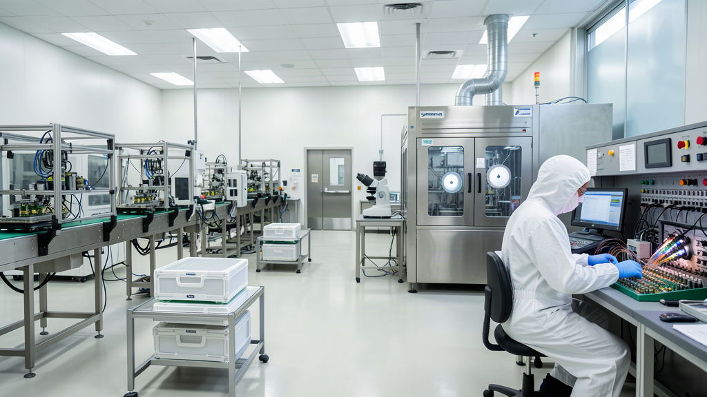 Inside a US semiconductor advanced packaging cleanroom: wafer bump and assembly line, inspection station, and a precision cleaning cabinet