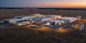 Aerial dusk view of an advanced semiconductor wafer fabrication campus under construction on the Texas prairie with multiple cleanroom fab buildings, construction cranes, cooling towers and water infrastructure